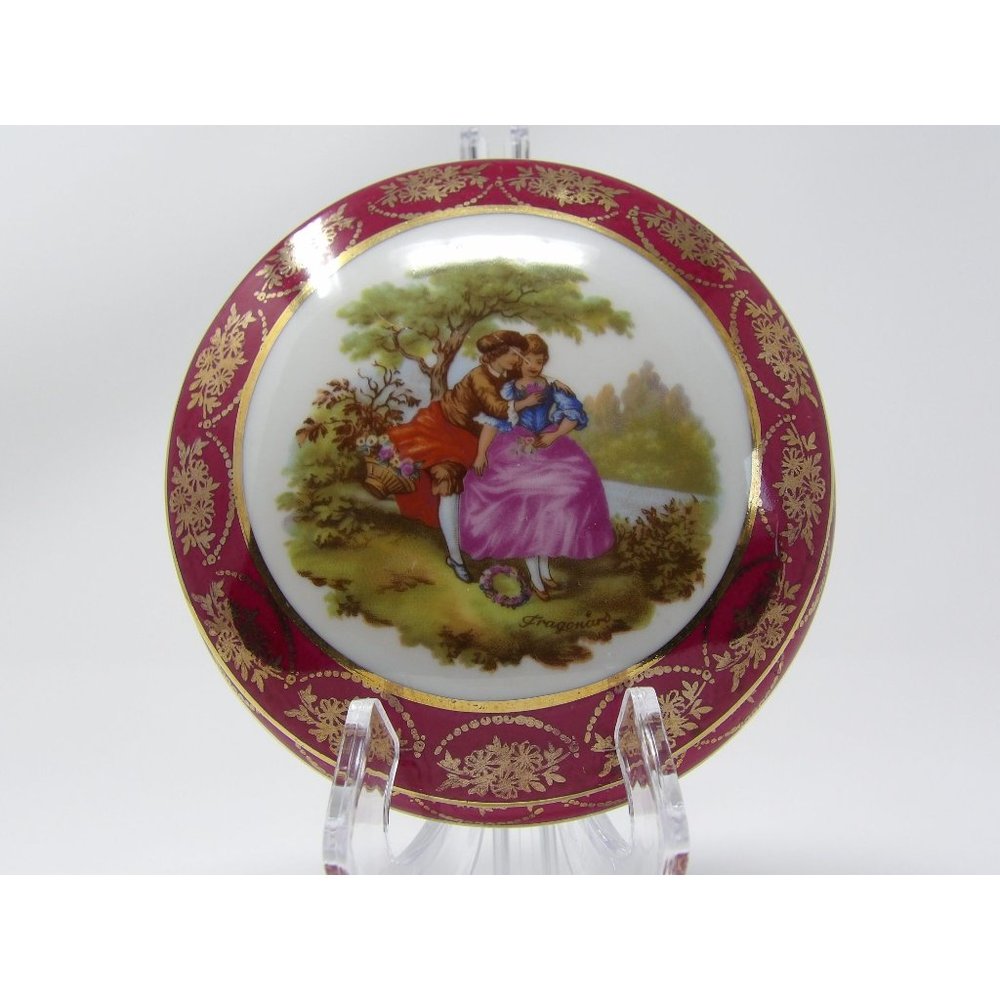 Vintage RH Limoges France Powder Vanity Trinket Box Burgandy and off white with